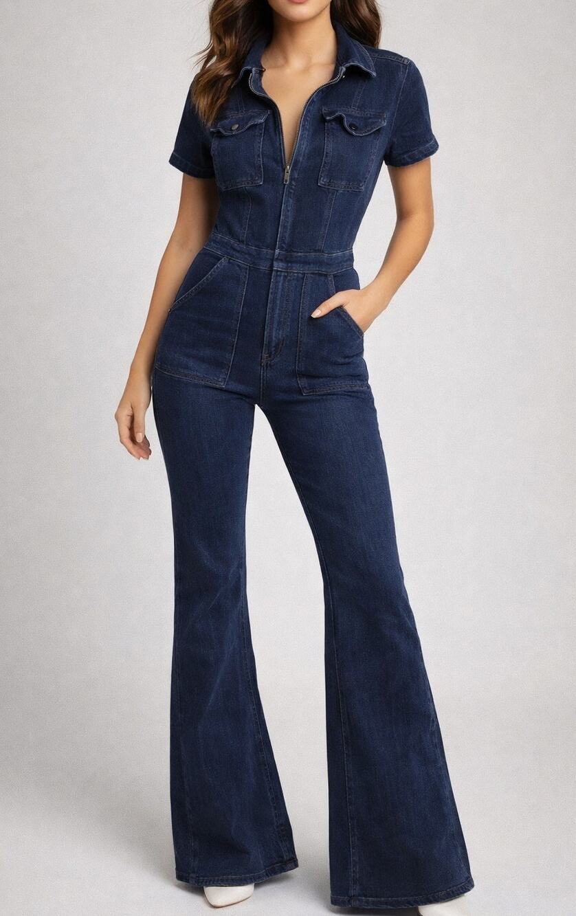 Bobbles & Lace Short Sleeve Utility Flare One Piece Denim Jumpsuit Blue Small